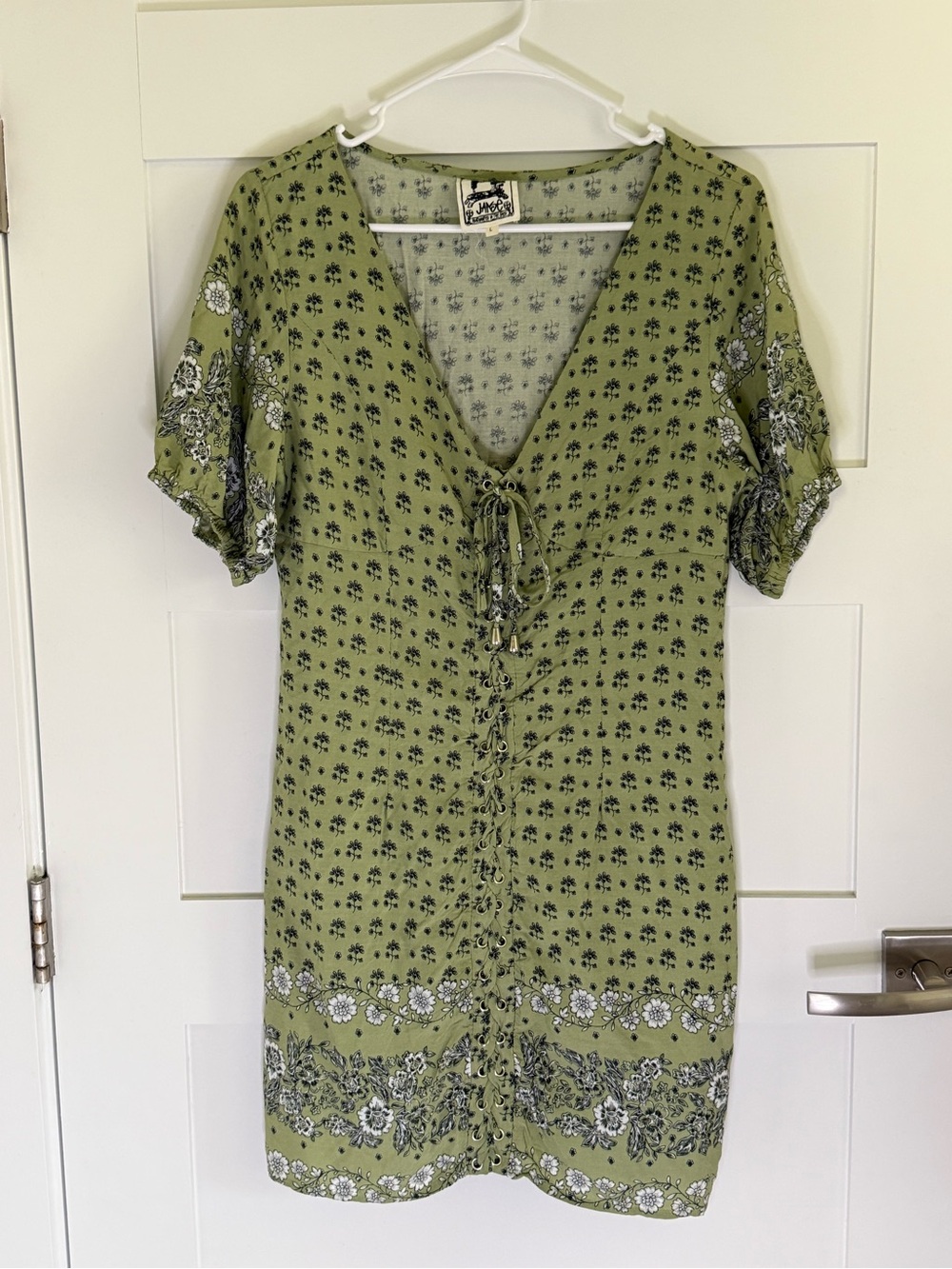Jaase Olive Green Floral Lace-Up V-Neck Mini Dress